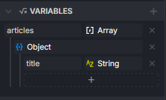 Variables panel with the articles variable defined as Array of Object with the title field