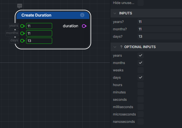 Create Duration node with some units checked and their inputs