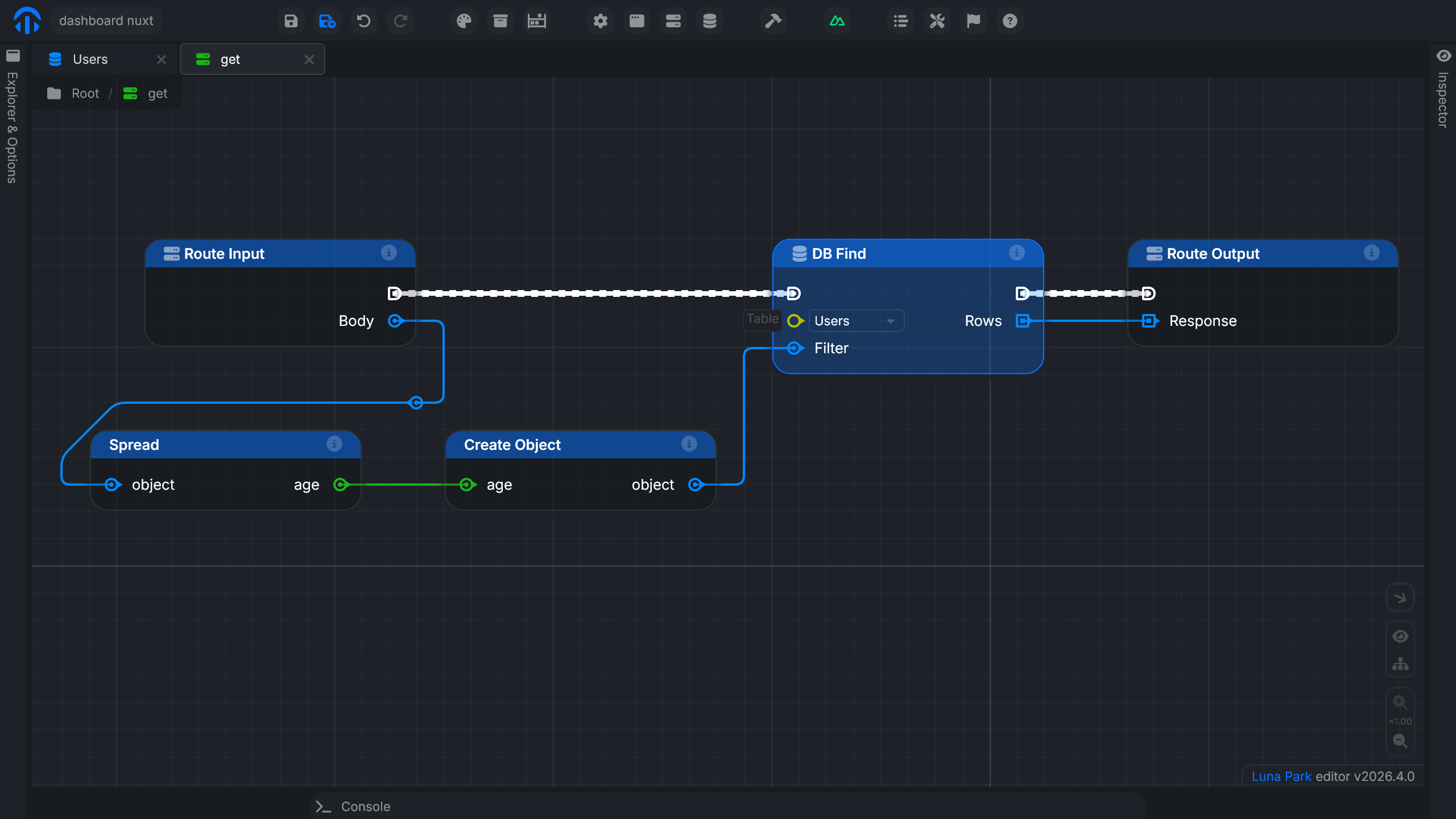 DB Find node configured on a table, with its parameters and output anchor