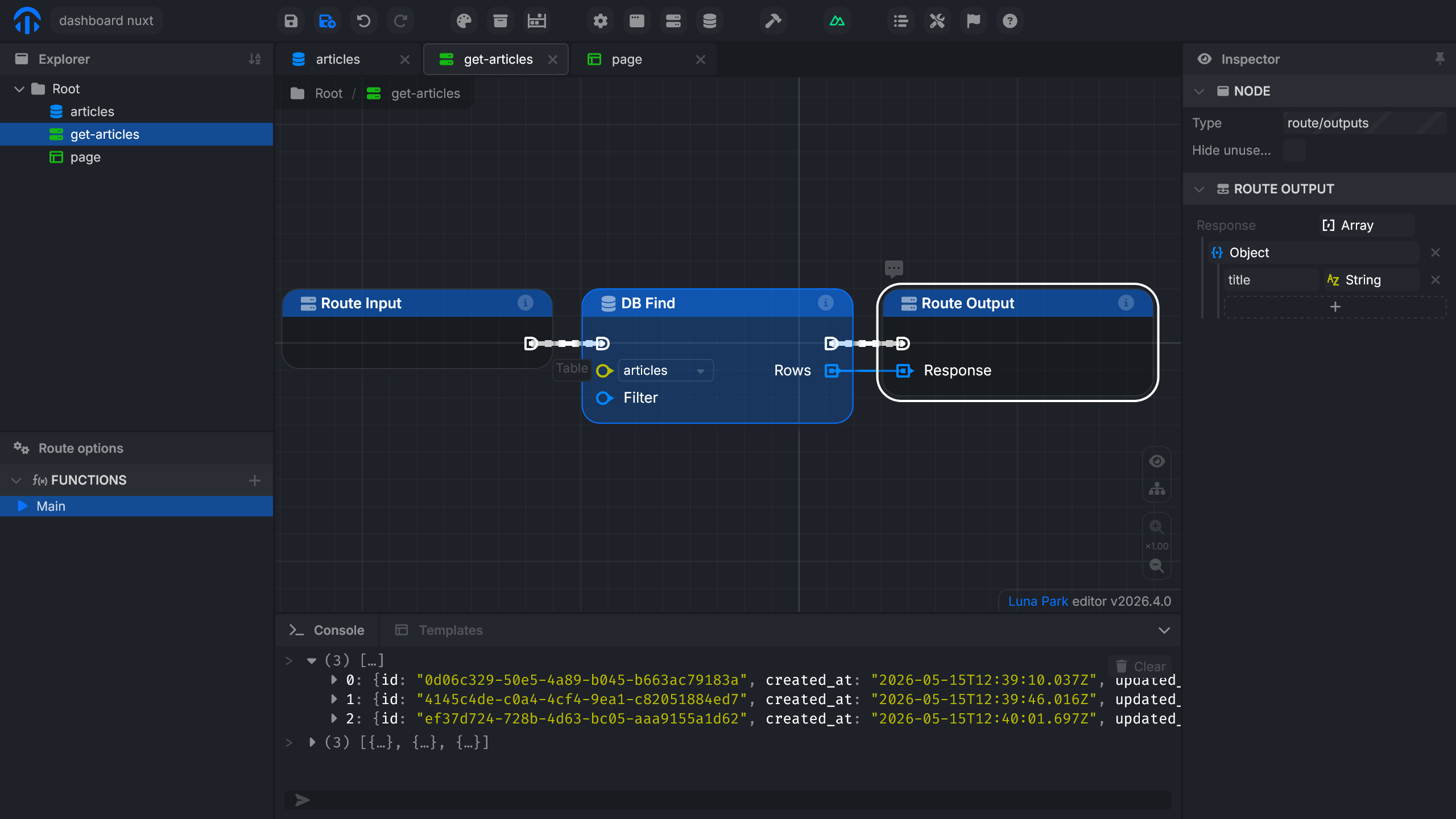 get-articles route graph with the DB Find wired to the output