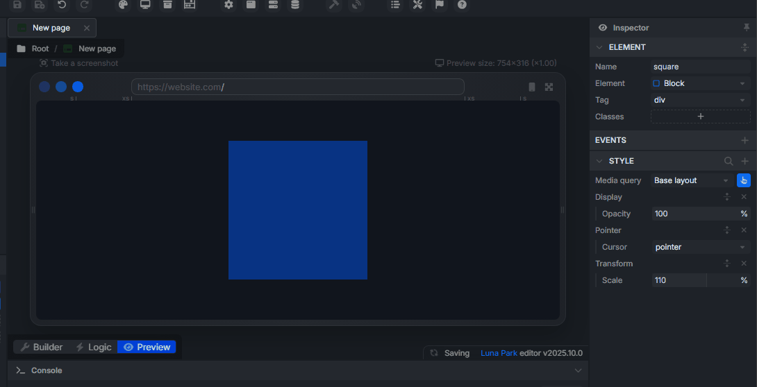Activation of hover style in Luna Park editor