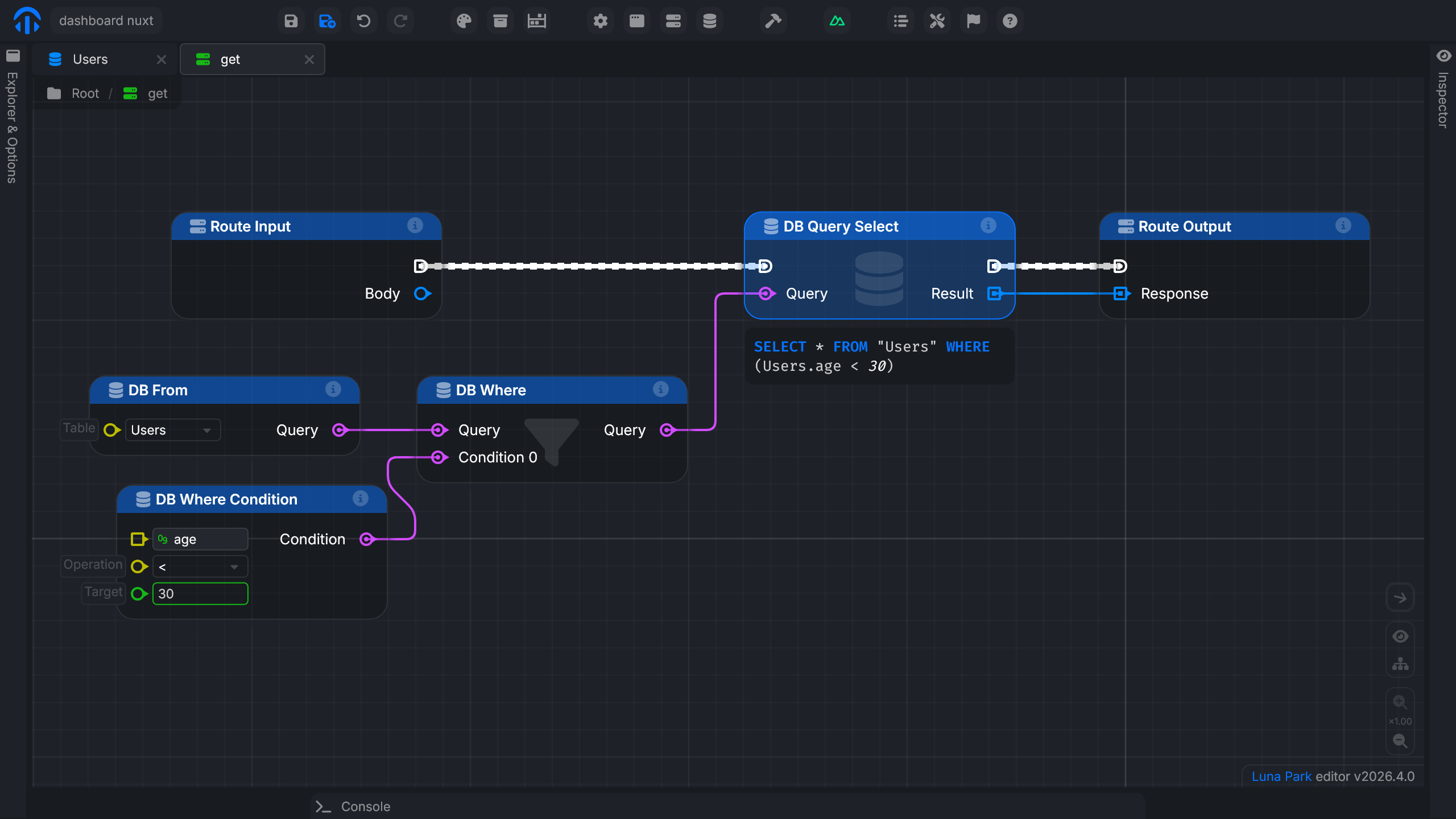 Graph with DB From, DB Where Condition, DB Where, and DB Query Select chained together
