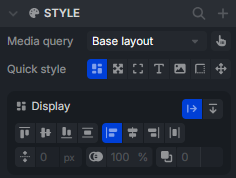 Quick style panels displayed next to a selected element in the layout builder