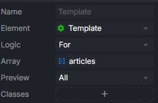 Template component in the interface, bound to the articles variable